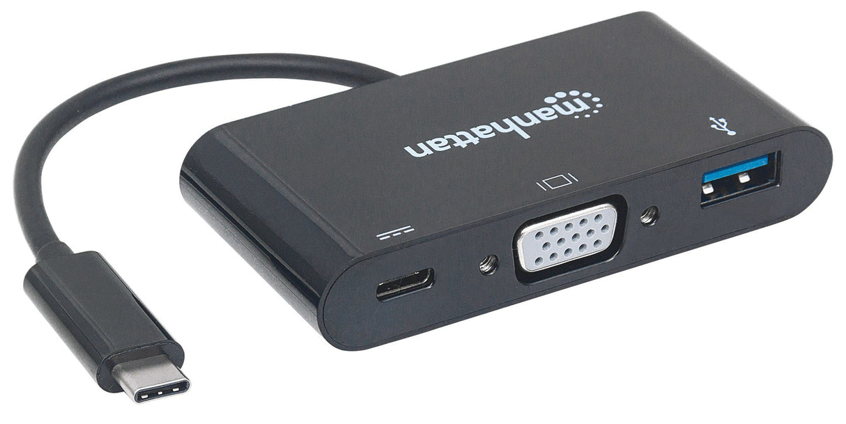 Manhattan USB-C 3-Port Hub/Dock, USB-C to USB-A, USB-C and VGA, 5 Gbps (USB 3.2 Gen1 aka USB 3.0), 1080p@60Hz, Power Delivery to USB-C Port (60W), Cable 8cm, Black, Lifetime Warranty, Blister