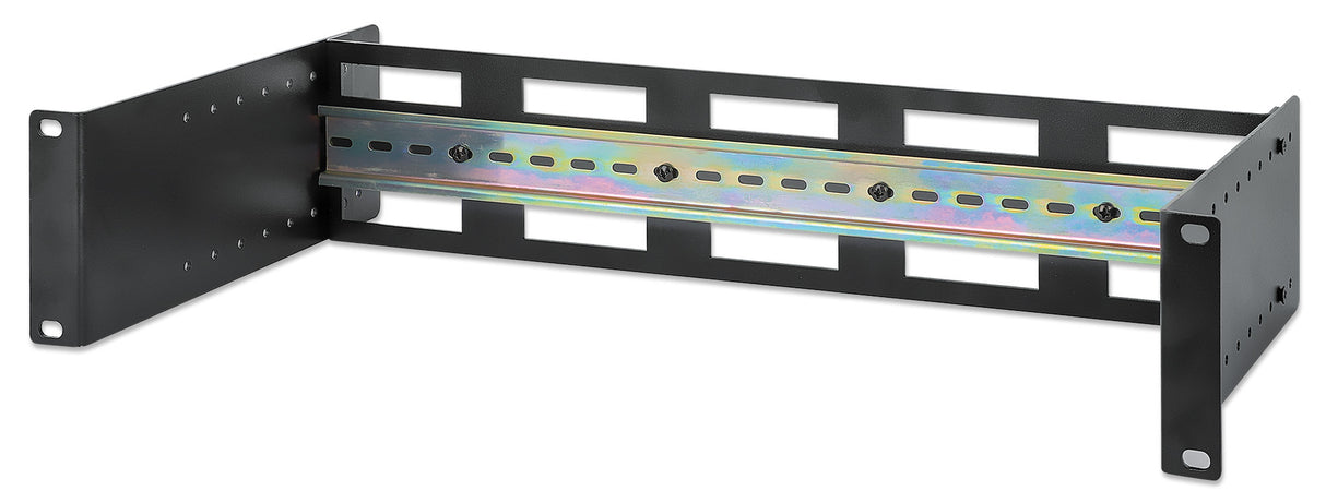 Intellinet Adjustable 19" Rackmount DIN Rail Kit, 2U, Chassis to Mount Top Hat DIN Rail Equipment in a 19 in. Rack, Adjustable Rail Depth of 48 to 174 mm, Aluminum, Black RAL 9005