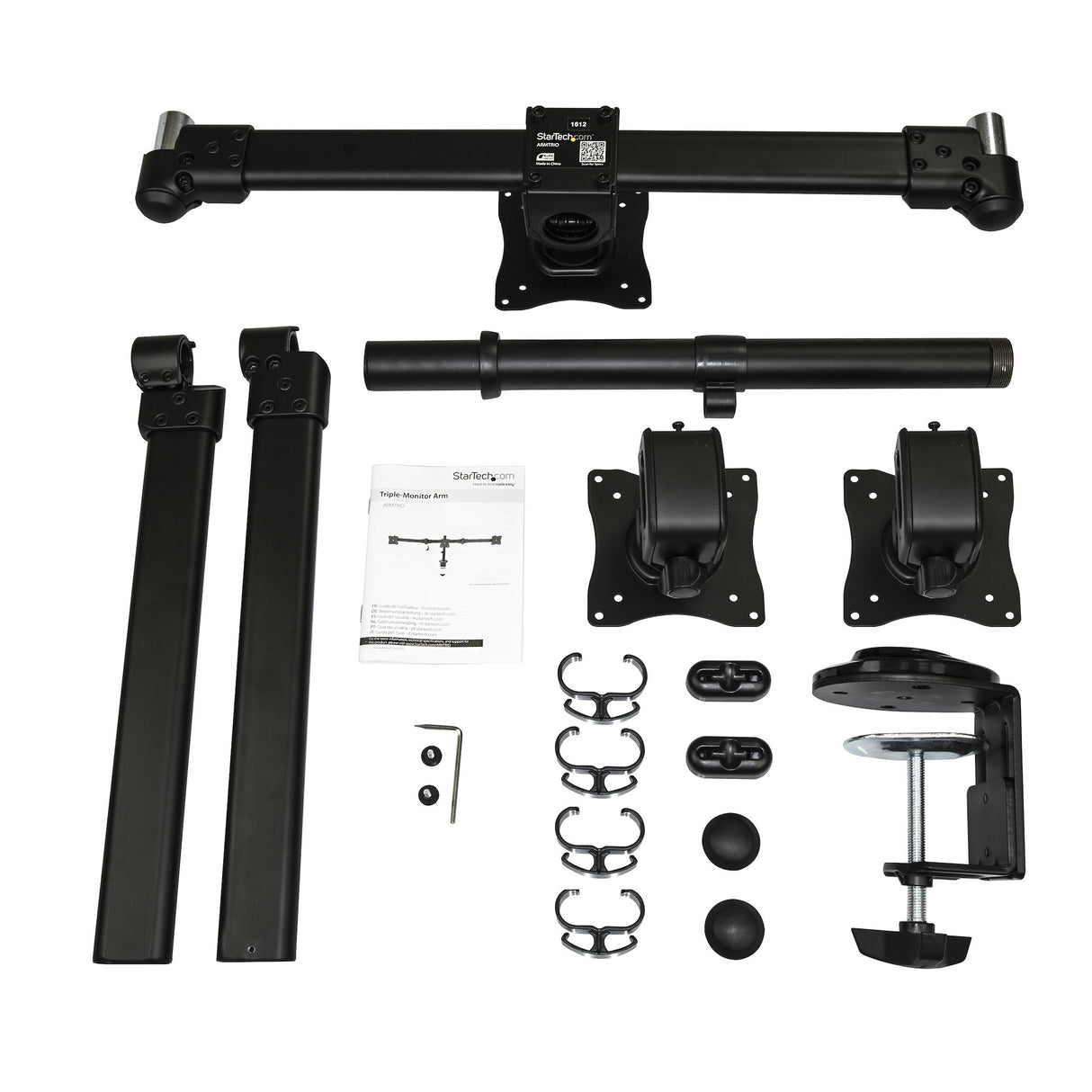 StarTech.com Desk Mount Triple Monitor Arm - Ergonomic VESA 3 Monitor Mount up to 27" (17.6lb/8kg) - Articulating & Height Adjustable Pole Mount - Tilt/Swivel/Rotate LCD/LED Screen - Desk Clamp/Grommet