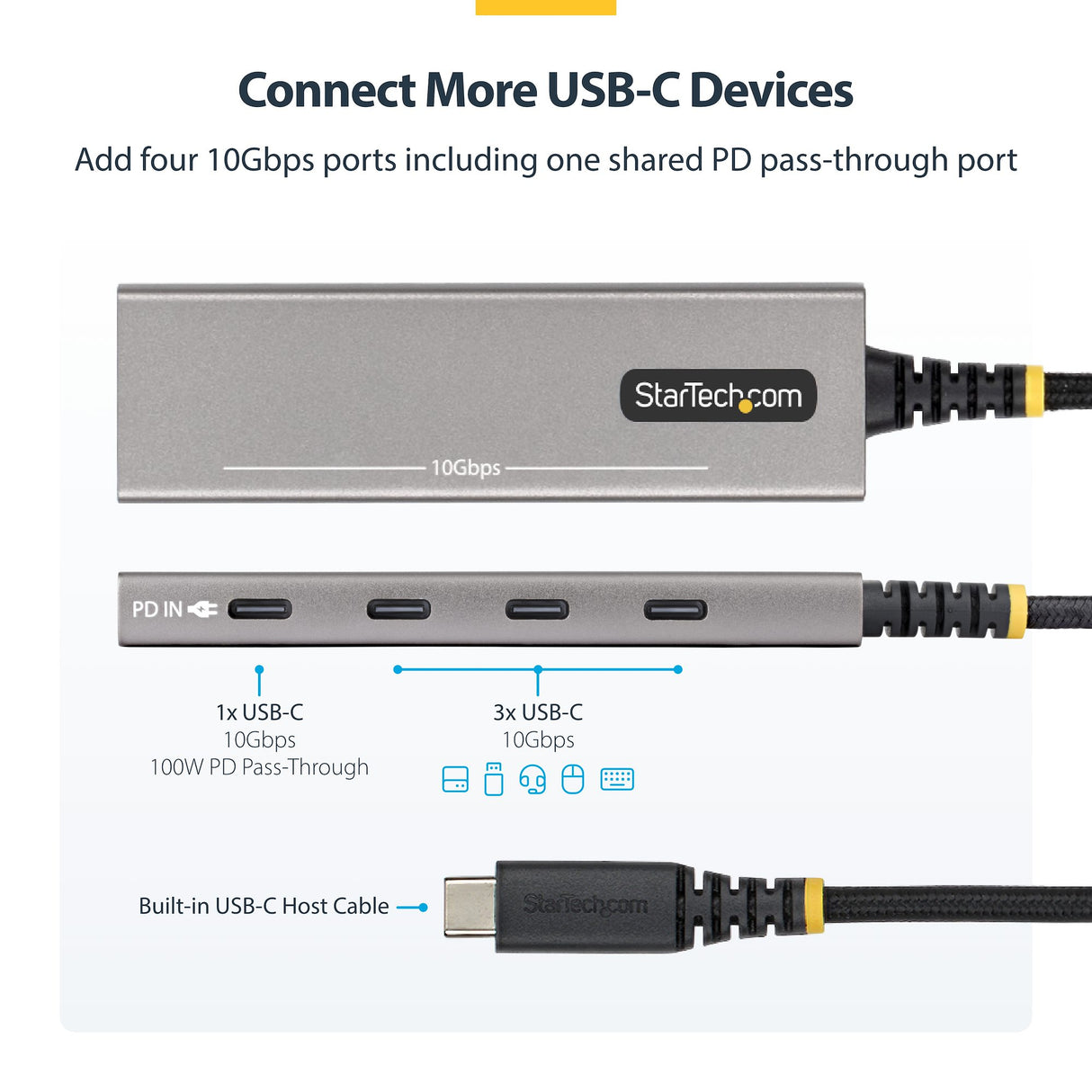 StarTech.com 4-Port USB-C Hub, 10Gbps, 100W PD Charging, 4x USB-C Ports, Overcurrent Protection, PCR Aluminum, For MacBook / Dell / ThinkPad / HP / iPad / Tablet