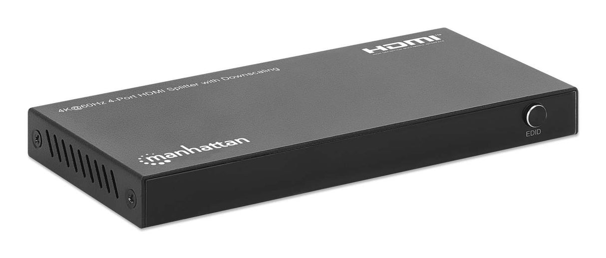 Manhattan HDMI Splitter with downscaling 4-Port , 4K@60Hz, Displays output from x1 HDMI source to x4 HD displays (same output to four displays), Downscale button to adjust a 4K input signal into 1080p, Micro-USB to USB-A power cable included (cable...