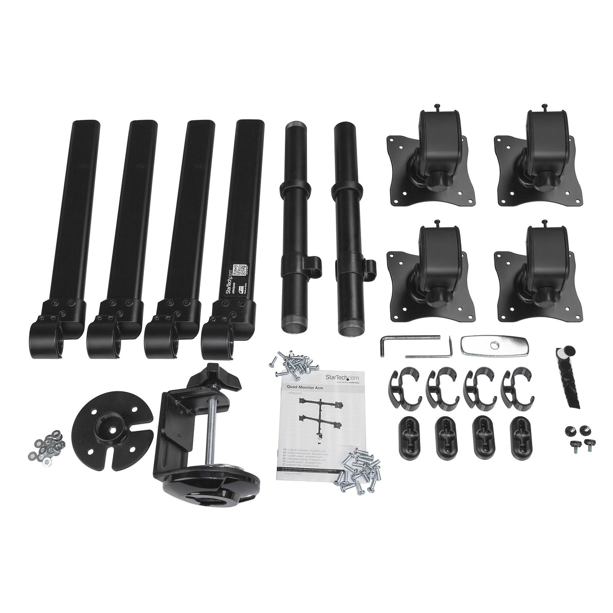 StarTech.com Desk Mount Quad Monitor Arm - Ergonomic VESA 4 Monitor Mount 2x2 up to 27" (17.6lb/8kg) - Articulating & Height Adjustable Pole Mount - Tilt/Swivel/Rotate LCD/LED Screen - Desk Clamp/Grommet