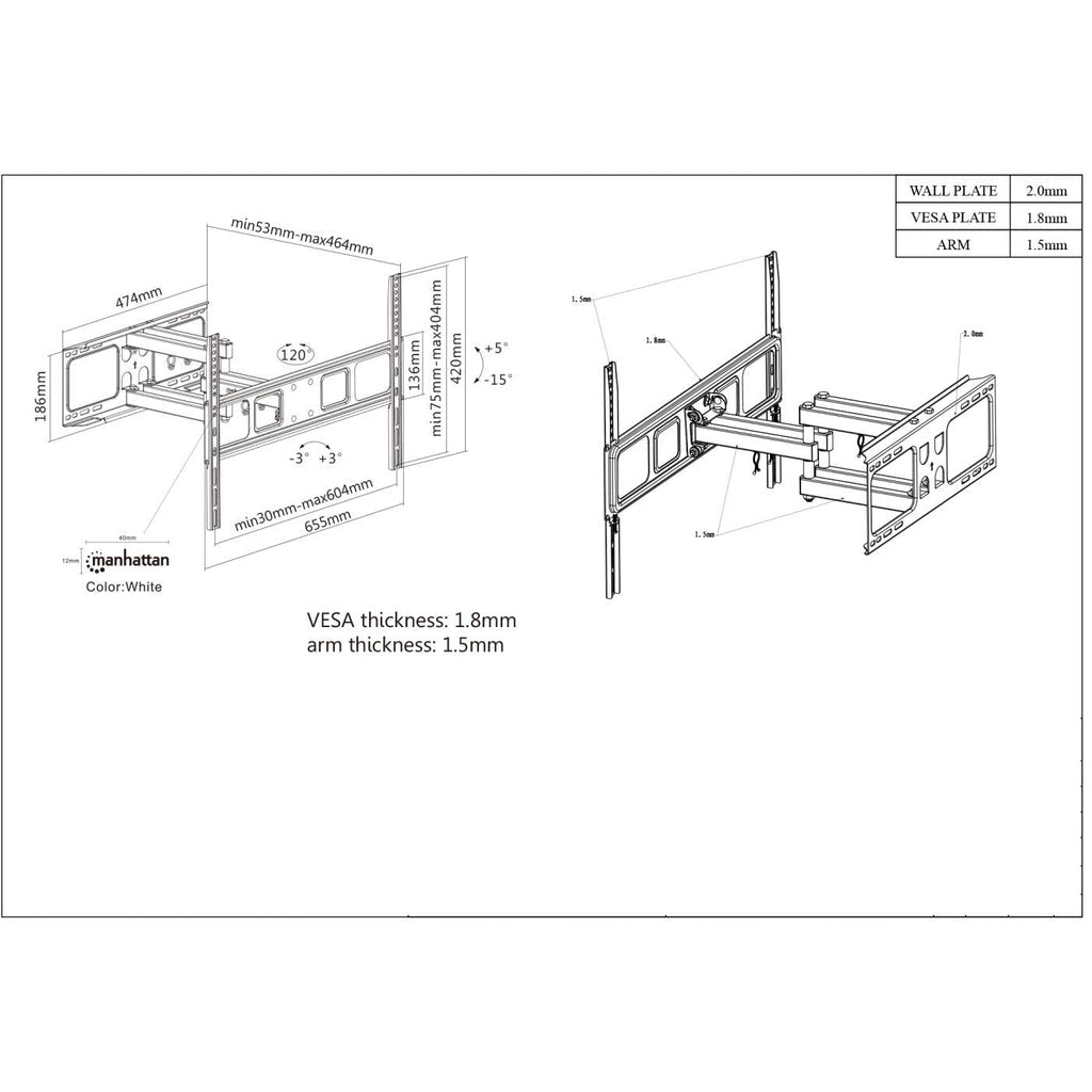 Manhattan TV & Monitor Mount, Wall, Full Motion, 1 screen, Screen Sizes: 37-65", Black, VESA 100x100 to 600x400mm, Max 40kg, LFD, Tilt & Swivel with 3 Pivots, Lifetime Warranty