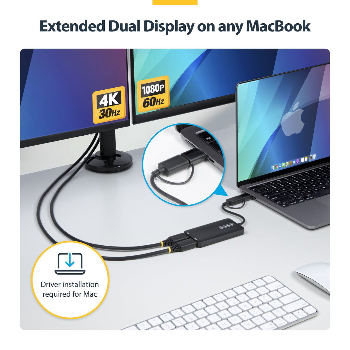 StarTech.com USB to Dual HDMI Adapter, USB A/C to 2x HDMI Displays (1x 4K30Hz, 1x 1080p), 4.3in/11cm Cable, USB 3.0 to HDMI Display Adapter, Windows/macOS, Black