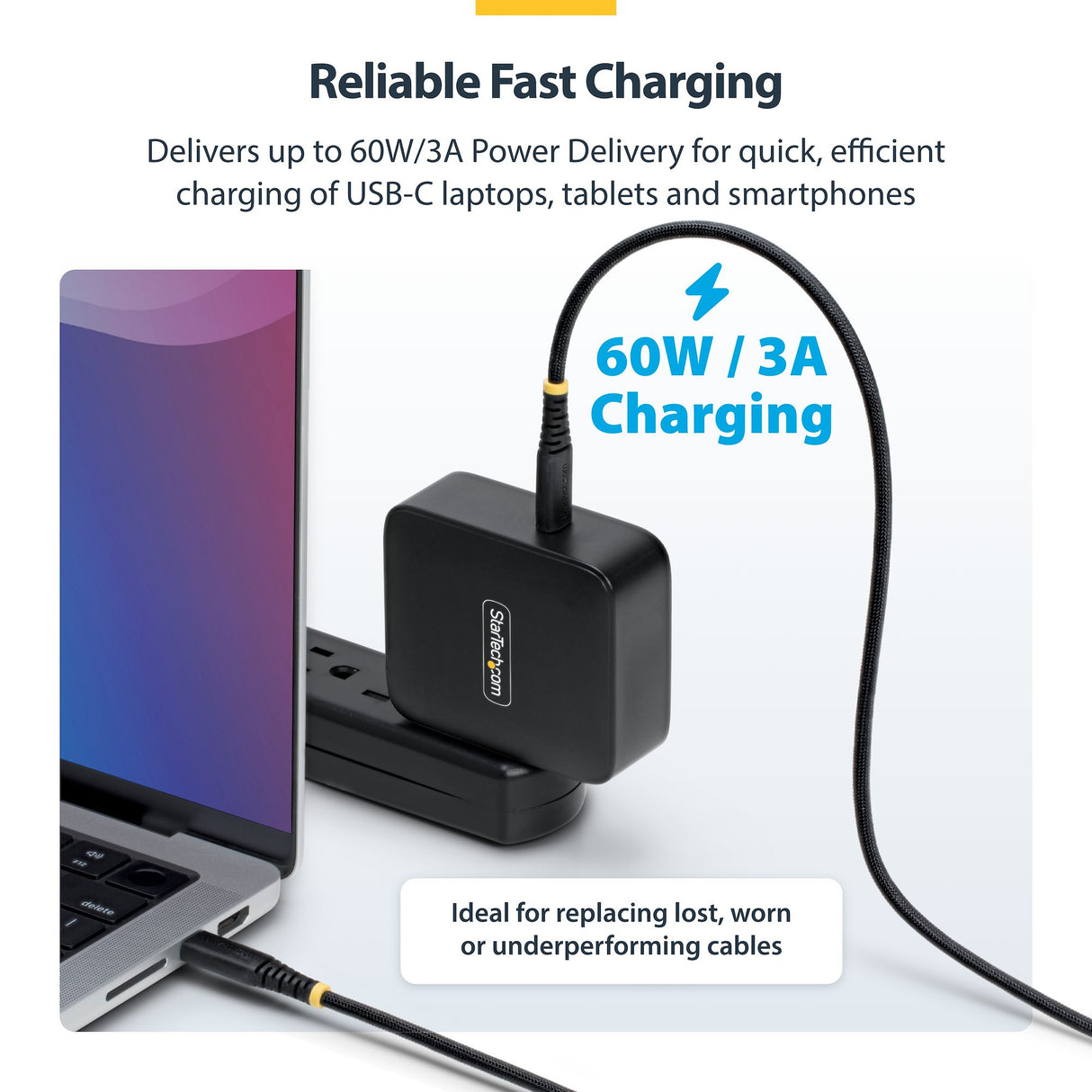 StarTech.com 6in (15cm) USB-C Charging Cable, 60W (3A) PD, Dual-Layer Braided Nylon/TPE Jacket, Rugged USB C Charging Cord, USB 2.0 Laptop Charger Cable