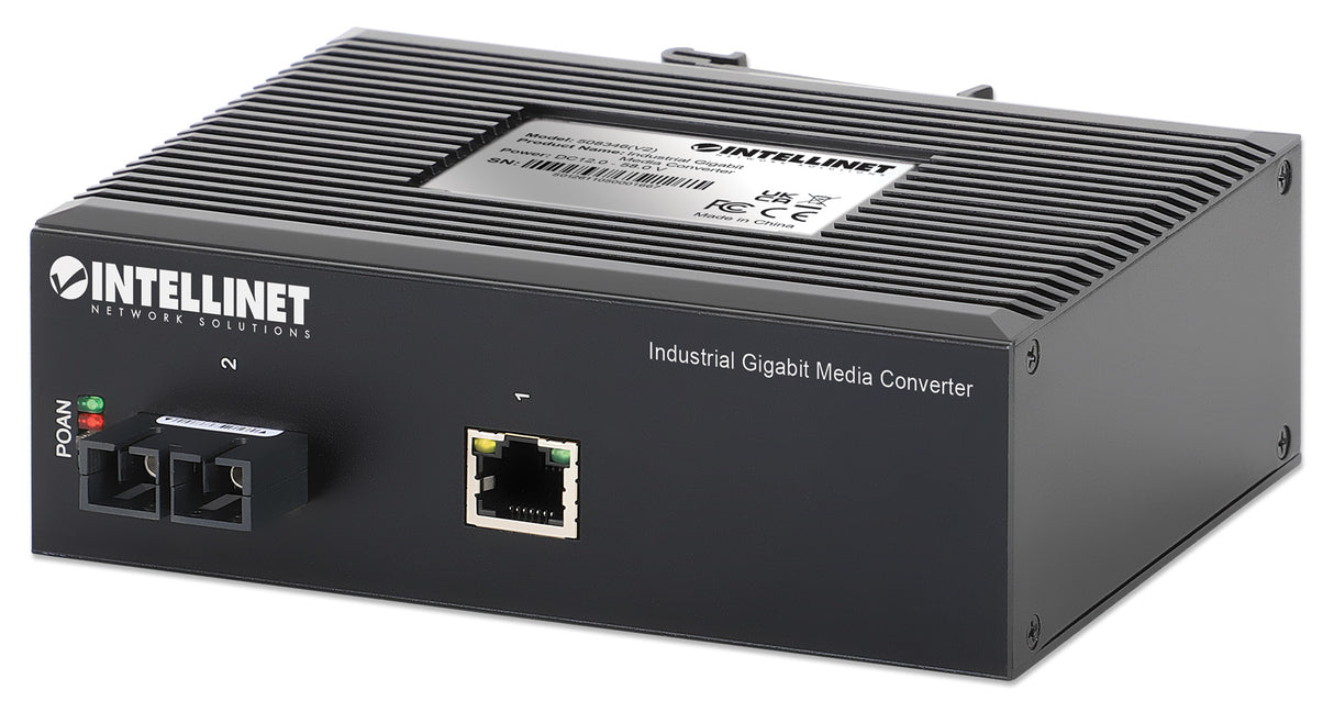 Intellinet Industrial Gigabit Media Converter 10/100/1000Base-TX to 1000Base-LX (SC) Single-mode, 20 km (12.4 mi.), IP40-rated Metal Housing, DIN-Rail Mount