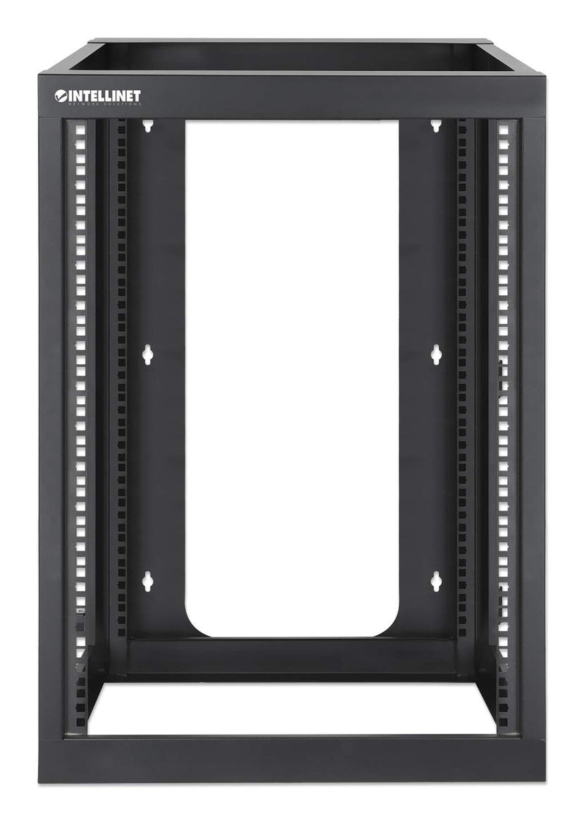 Intellinet Wall Mount Open Frame Network Rack, 15U, Rear-hinged Swing Frame, Assembled, 4-Post, 23.6 in., Black RAL 9004