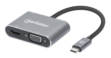 Manhattan USB-C Dock/Hub, Ports (x4): HDMI, USB-A, USB-C and VGA, with Power Delivery (PD) 87W- requires external USB-C charger (not included). USB powered (no external power supply required) when PD is not in use, Aluminium