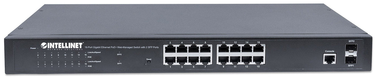 Intellinet 16-Port Gigabit Ethernet PoE+ Web-Managed Switch with 2 SFP Ports, IEEE 802.3at/af Power over Ethernet (PoE+/PoE) Compliant, 374 W, Endspan, 19" Rackmount