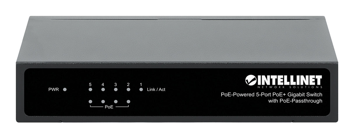 Intellinet 5-Port Gigabit Switch with PoE Passthrough, 4 x PSE PoE ports, 1 x PD PoE port, IEEE 802.3at/af Power-over-Ethernet (PoE+/PoE), IEEE 802.3az Energy Efficient Ethernet, Desktop
