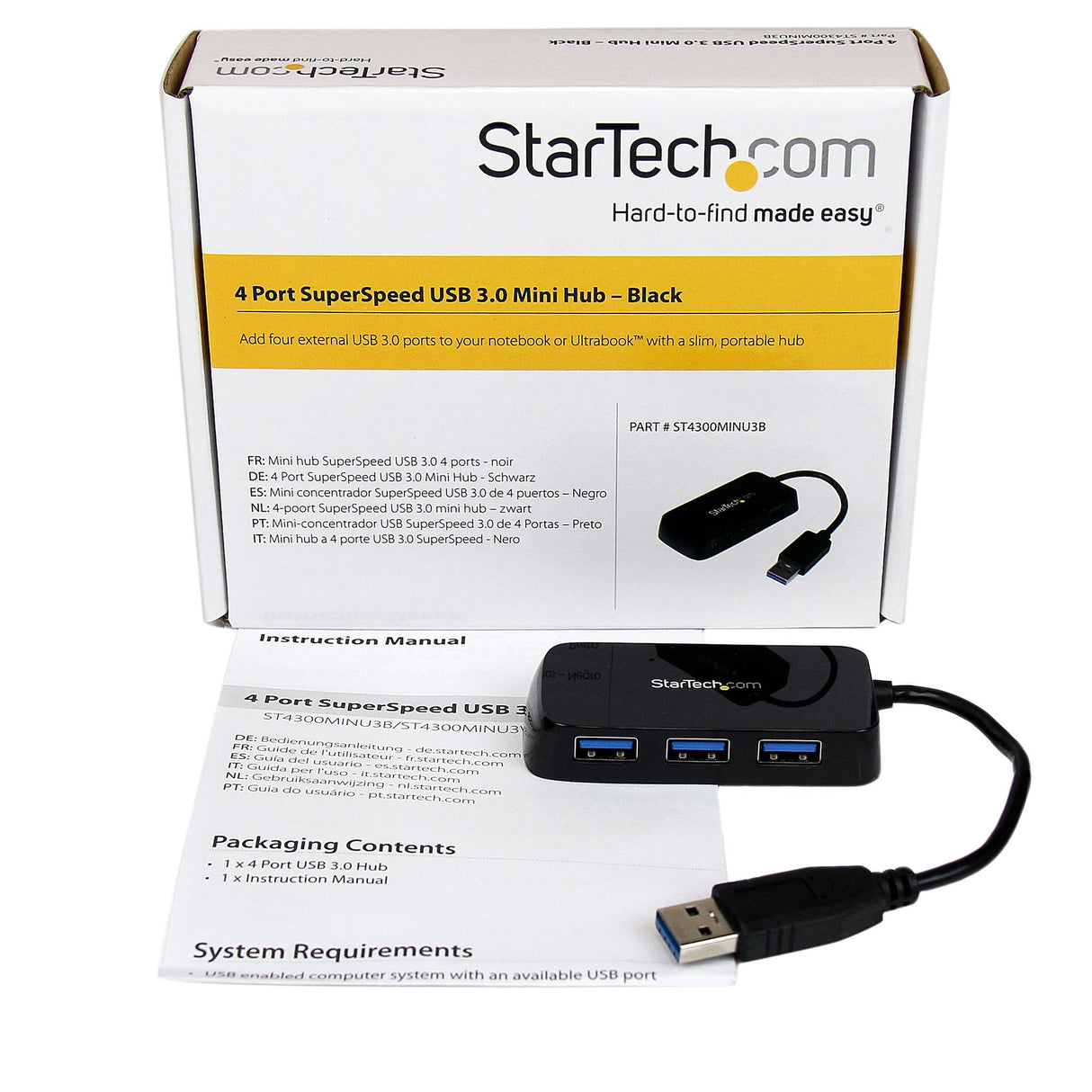 StarTech.com Portable 4 Port SuperSpeed Mini USB 3.0 Hub - 5Gbps - Black - TAA