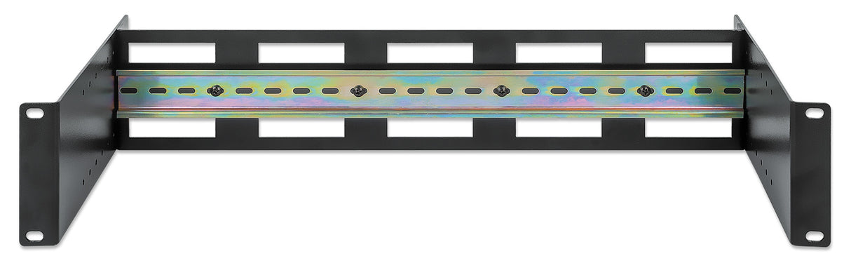Intellinet Adjustable 19" Rackmount DIN Rail Kit, 2U, Chassis to Mount Top Hat DIN Rail Equipment in a 19 in. Rack, Adjustable Rail Depth of 48 to 174 mm, Aluminum, Black RAL 9005