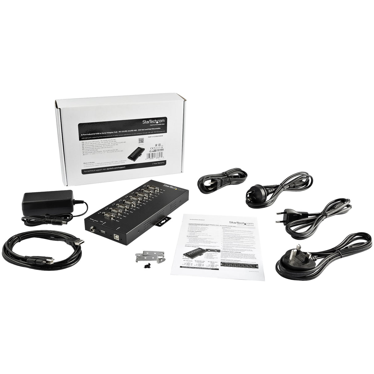 StarTech.com 8 Port Serial Hub USB to RS232/RS485/RS422 Adapter - Industrial USB 2.0 to DB9 Serial Converter Hub - IP30 Rated - Din Rail Mountable Metal Serial Hub - 15kV ESD Protection - TAA