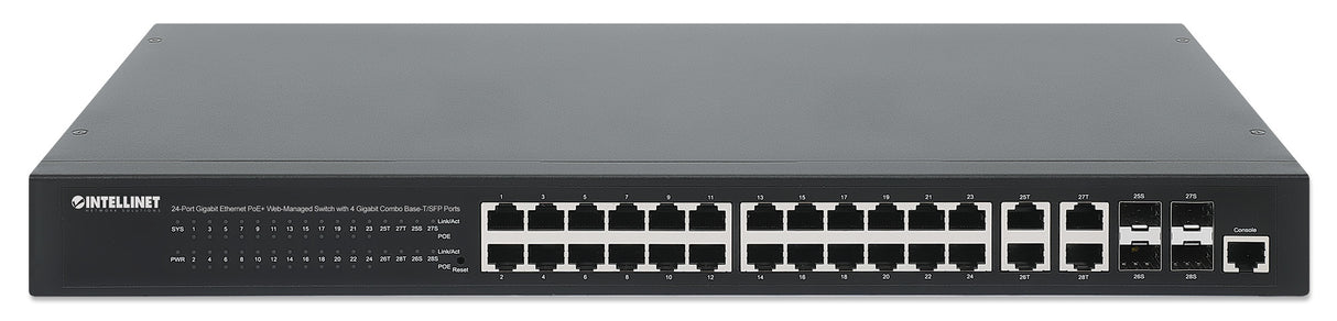 Intellinet 24-Port Gigabit Ethernet PoE+ Web-Managed Switch with 4 Gigabit Combo Base-T/SFP Ports, IEEE 802.3at/af Power over Ethernet (PoE+/PoE) Compliant, 370 W, Endspan, 19" Rackmount