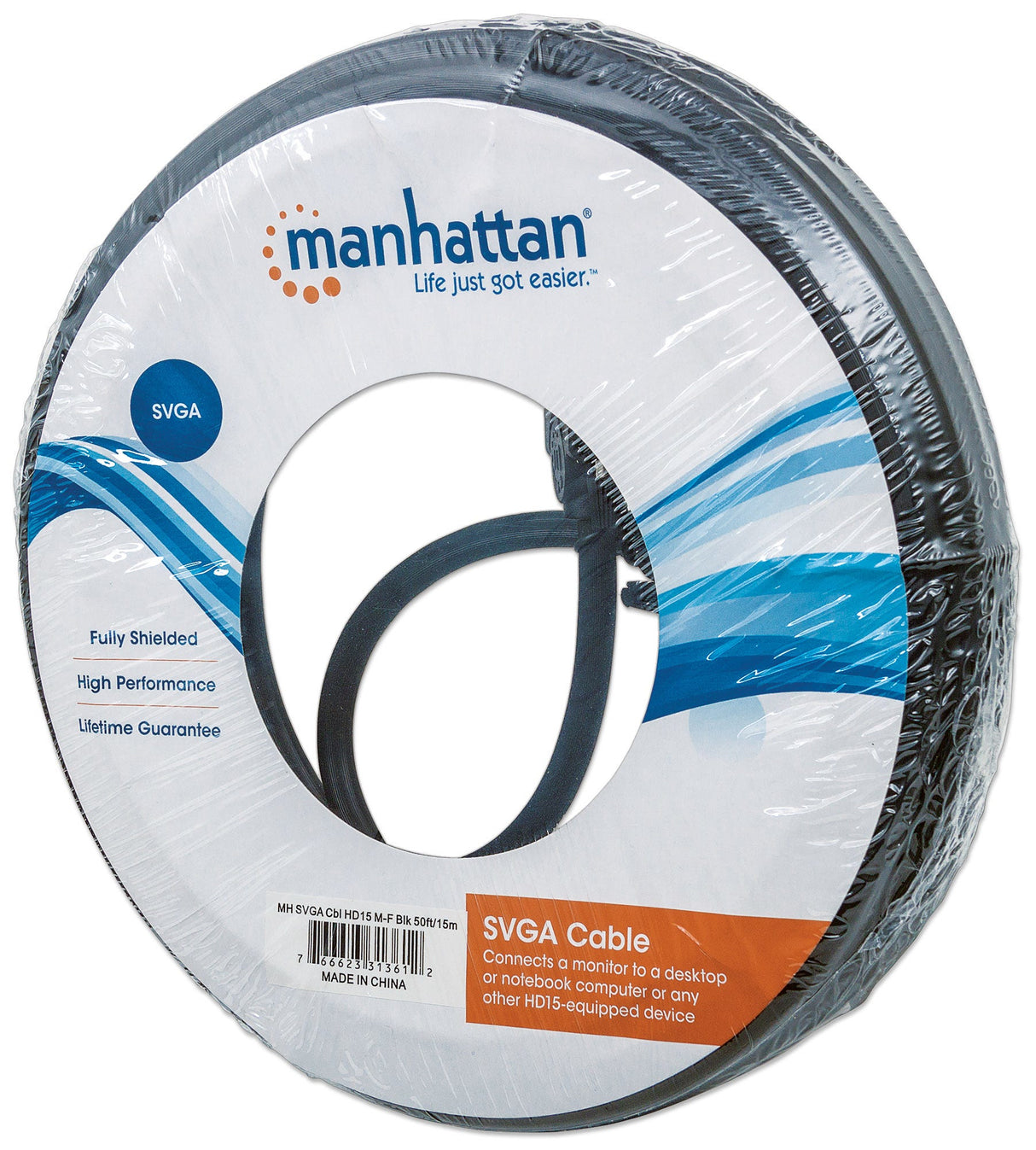Manhattan VGA Extension Cable, 15m, Black, Male to Female, HD15, Cable of higher SVGA Specification (fully compatible), Fully Shielded, Lifetime Warranty, Polybag
