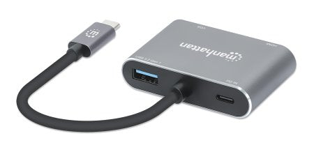 Manhattan USB-C Dock/Hub, Ports (x4): HDMI, USB-A, USB-C and VGA, with Power Delivery (PD) 87W- requires external USB-C charger (not included). USB powered (no external power supply required) when PD is not in use, Aluminium