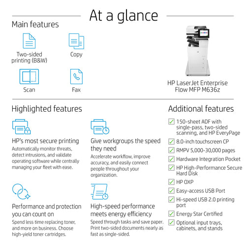 HP LaserJet Enterprise Flow M636z Wireless Multifunction Black and white Printer, Copier, Scanner; Duplex