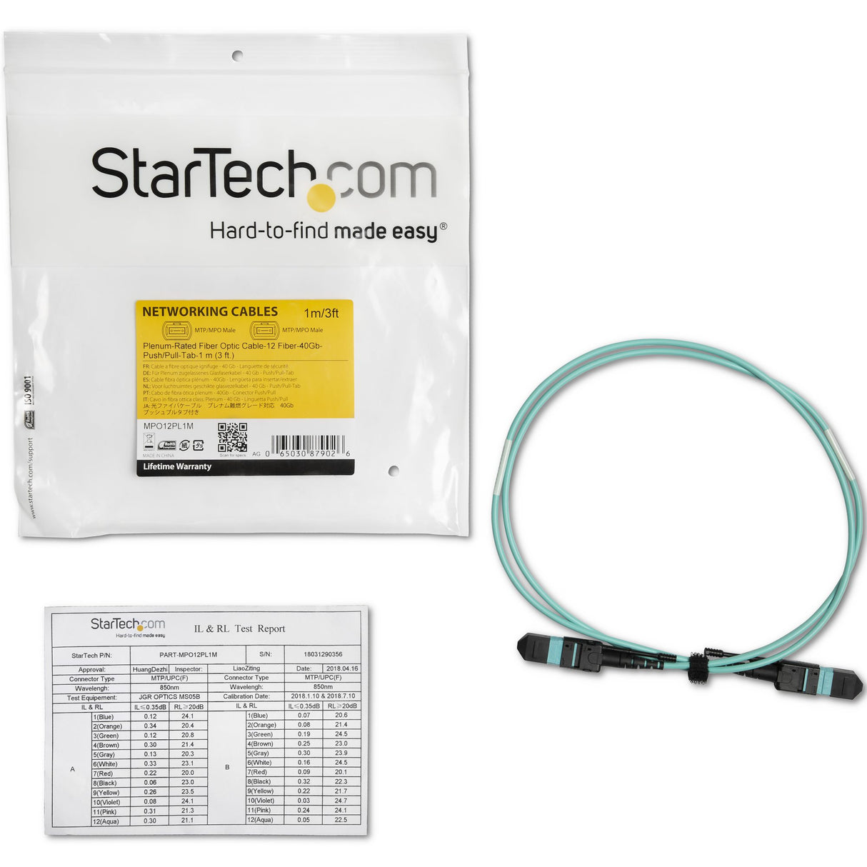 StarTech.com 1m (3ft) MTP(F)/PC OM3 Multimode Fiber Optic Cable, 12F Type-A, OFNP Plenum, 50/125µm LOMMF, 40G Networks, Low Insertion Loss, MPO Fiber Jumper Cord