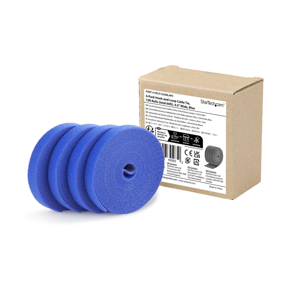 StarTech.com 4-pack 15ft (4.6m) Hook and Loop Roll, 0.5in Wide, Blue, Cut-to-Size Reusable Cable Ties, Fastener Tape, Adjustable Fabric Wraps, Bulk Roll