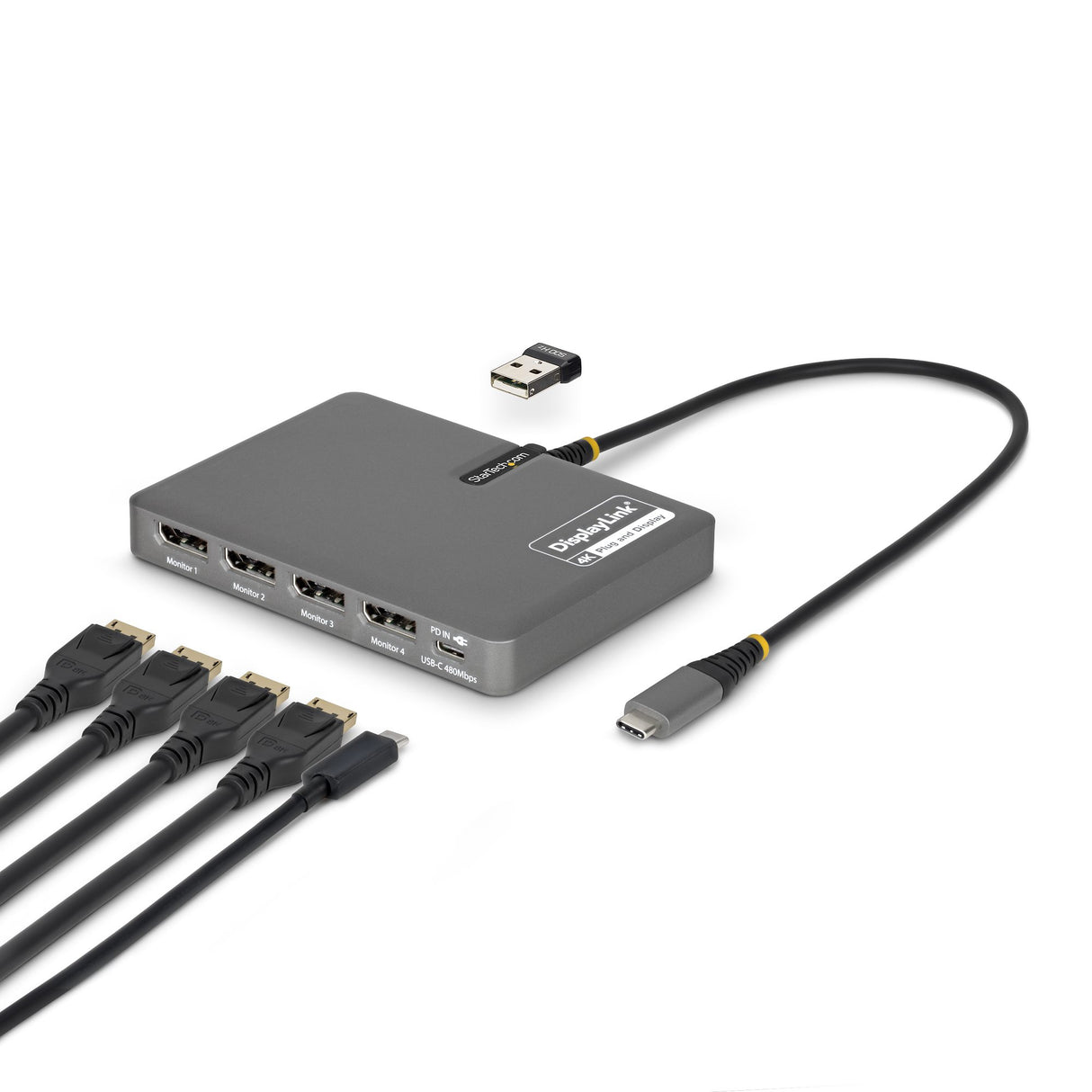 StarTech.com USB-C to Quad-Monitor Workstation Adapter, 4K 60Hz DisplayPort, 140W PD Passthrough for Laptop Charging, USB Port for Wireless Keyboard / Mouse, TAA