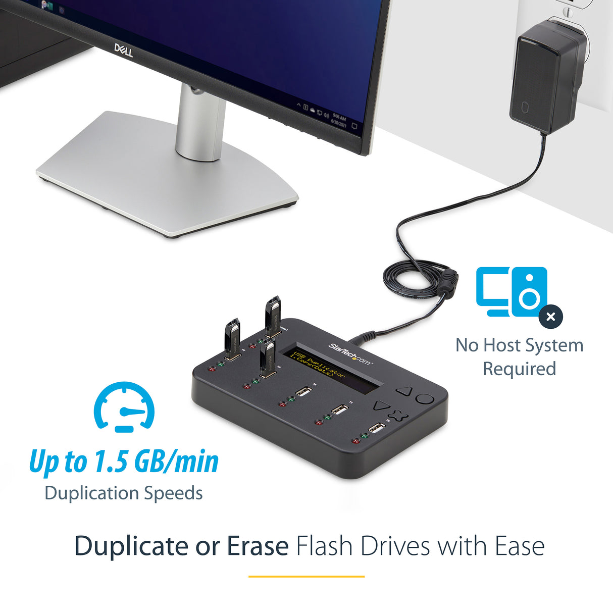 StarTech.com Standalone 1 to 5 USB Thumb Drive Duplicator and Eraser, Multiple USB Flash Drive Copier, System and File and Whole-Drive Copy at1.5 GB/min, Single and 3-Pass Erase, LCD Display - TAA