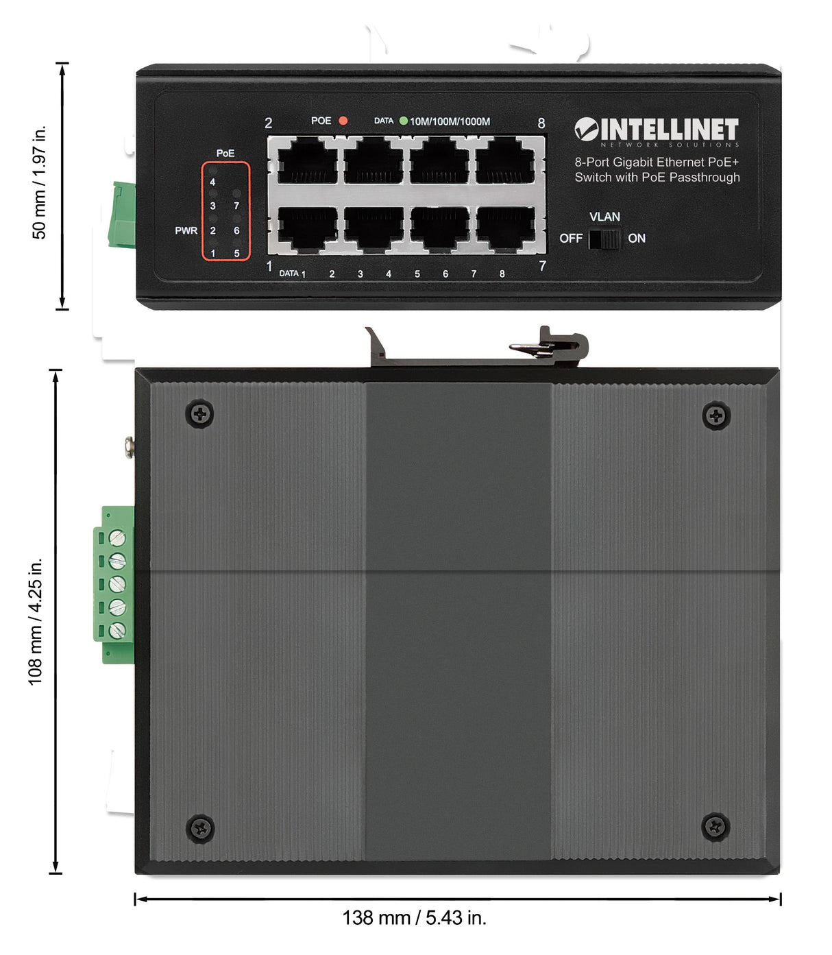 Intellinet 8-Port Gigabit Ethernet PoE+ Industrial Switch with PoE Passthrough, One PD PoE Port with 95 W Power Input, Seven PSE PoE Ports, PoE Power Budget up to 120 W, IEEE 802.3at/af Compliant, DIN-Rail Mount