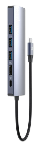 Manhattan USB-C Dock/Hub, Ports (x6): Ethernet, HDMI, USB-A (x3) and USB-C, with Power Delivery (PD) 100W- requires external USB-C charger (not included). USB powered (no external power supply required) when PD is not in use