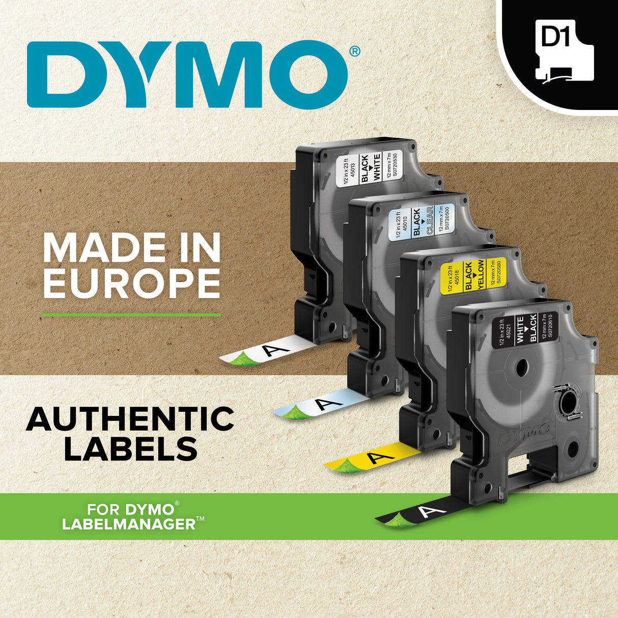 DYMO Authentic D1 Labels | Black Print on White Tape | 19 mm x 7 m | Self-Adhesive Labels for LabelManager Label Makers | Made in Europe