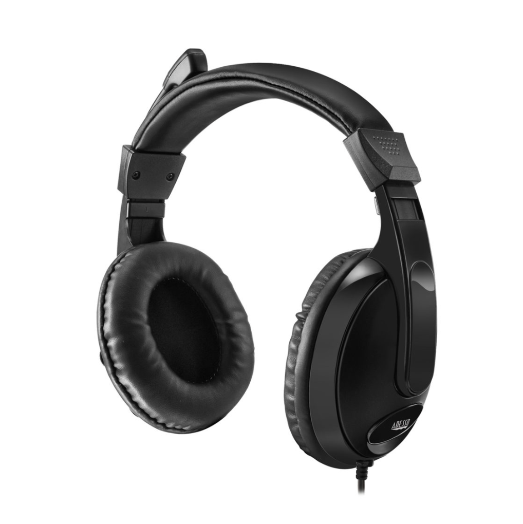 Adesso Headset Wired Stereo with Boom Mic Noise Cancelling Over Ear Dual 3.5mm with Inline Volume Control 6ft Cord Lightweight- Black