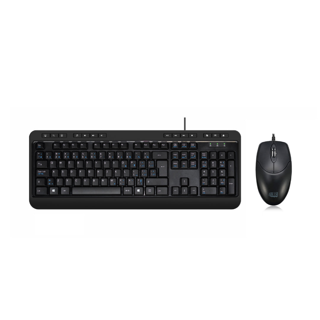 Adesso Keyboard (Bilingual) & Mouse Combo Wired Antimicrobial Multimedia 1200dpi PC/Mac - Black