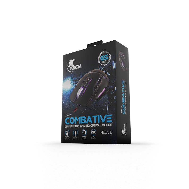 Xtech Gaming Mouse Wired Combative 3D 8 Button 4 Colour LED Fire Key Braided Durable Cable RGB Backlight 7200dpi Adjustable Settings - Black
