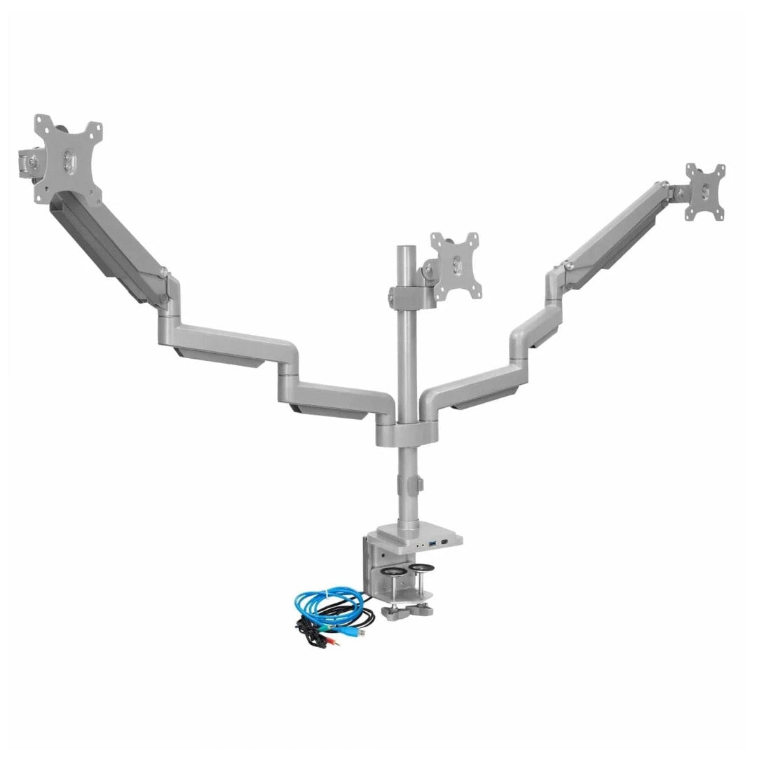 Mount-It! Triple Monitor Mount Desktop Clamp with USB-C & USB-A 3.0 & Aux Portc Up to 32in per Arm Tilt Swivel & Rotation VESA - Silver