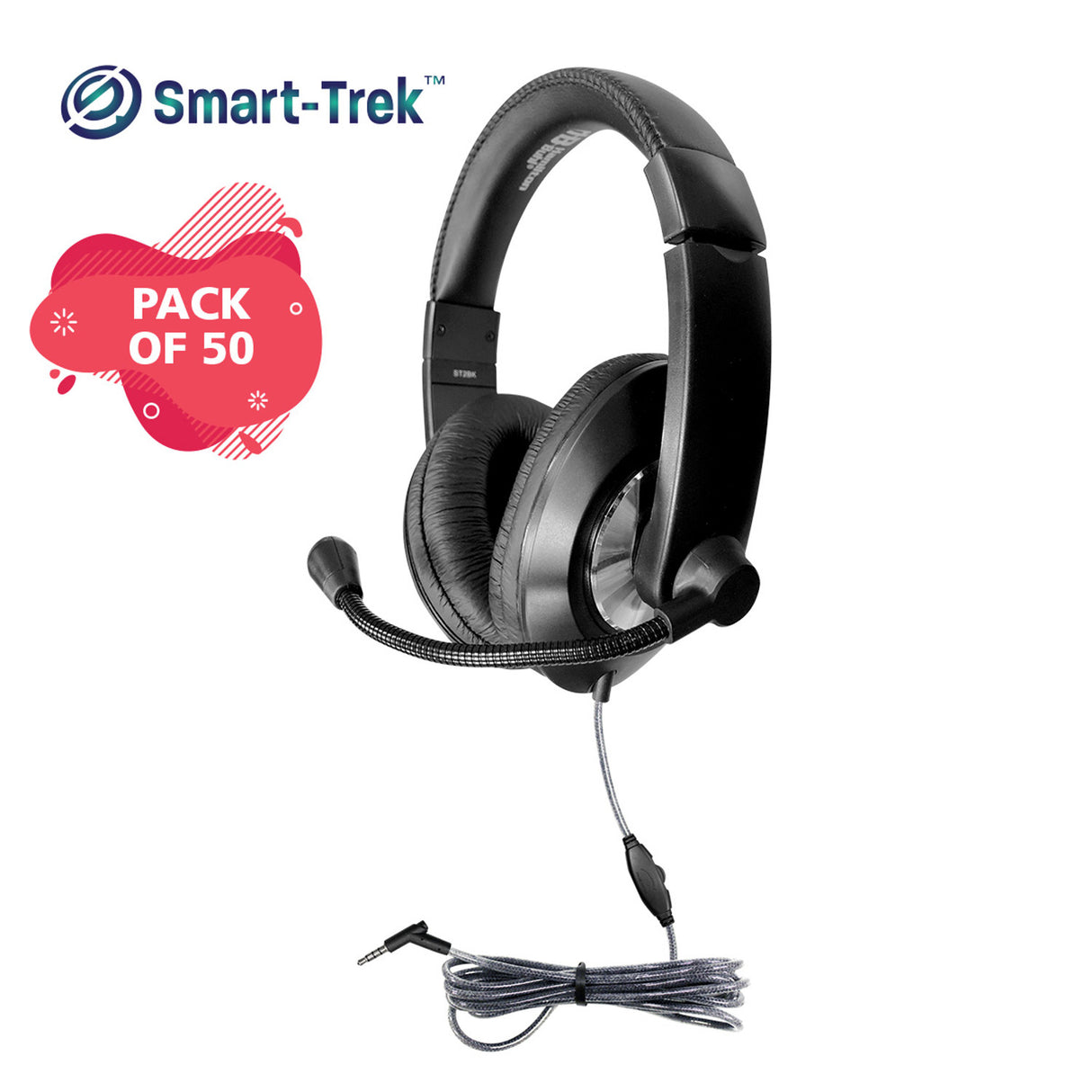 HamiltonBuhl Headset Smart-Trek Stereo On Ear In-line Volume Adjustable Headband Dura-Cord TRS 3.5mm (50 PACK) - Black