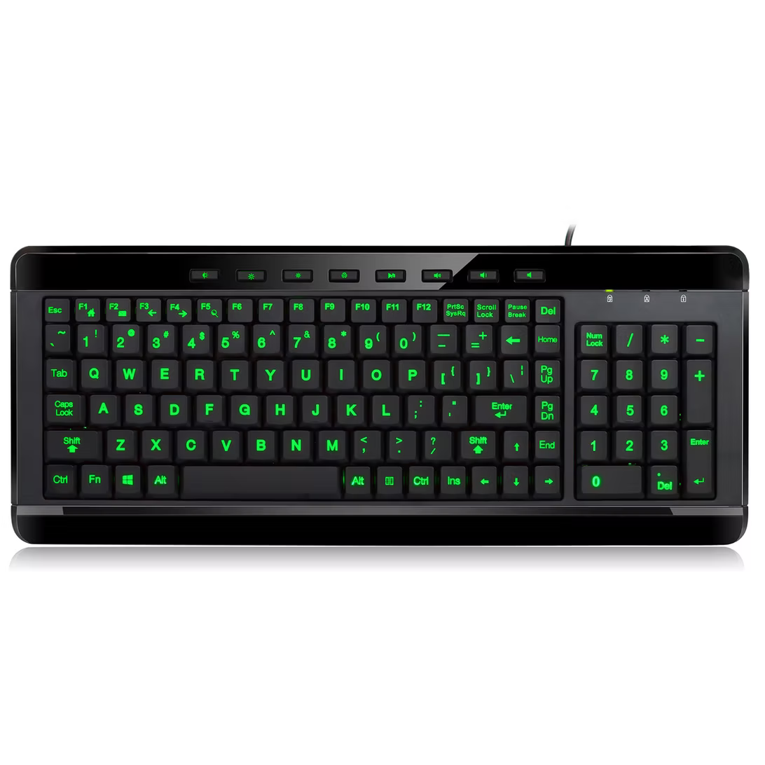 Adesso Keyboard Wired Compact 3-Color Illuminated Backlight 2x Large Print Keys Multimedia PC - Black