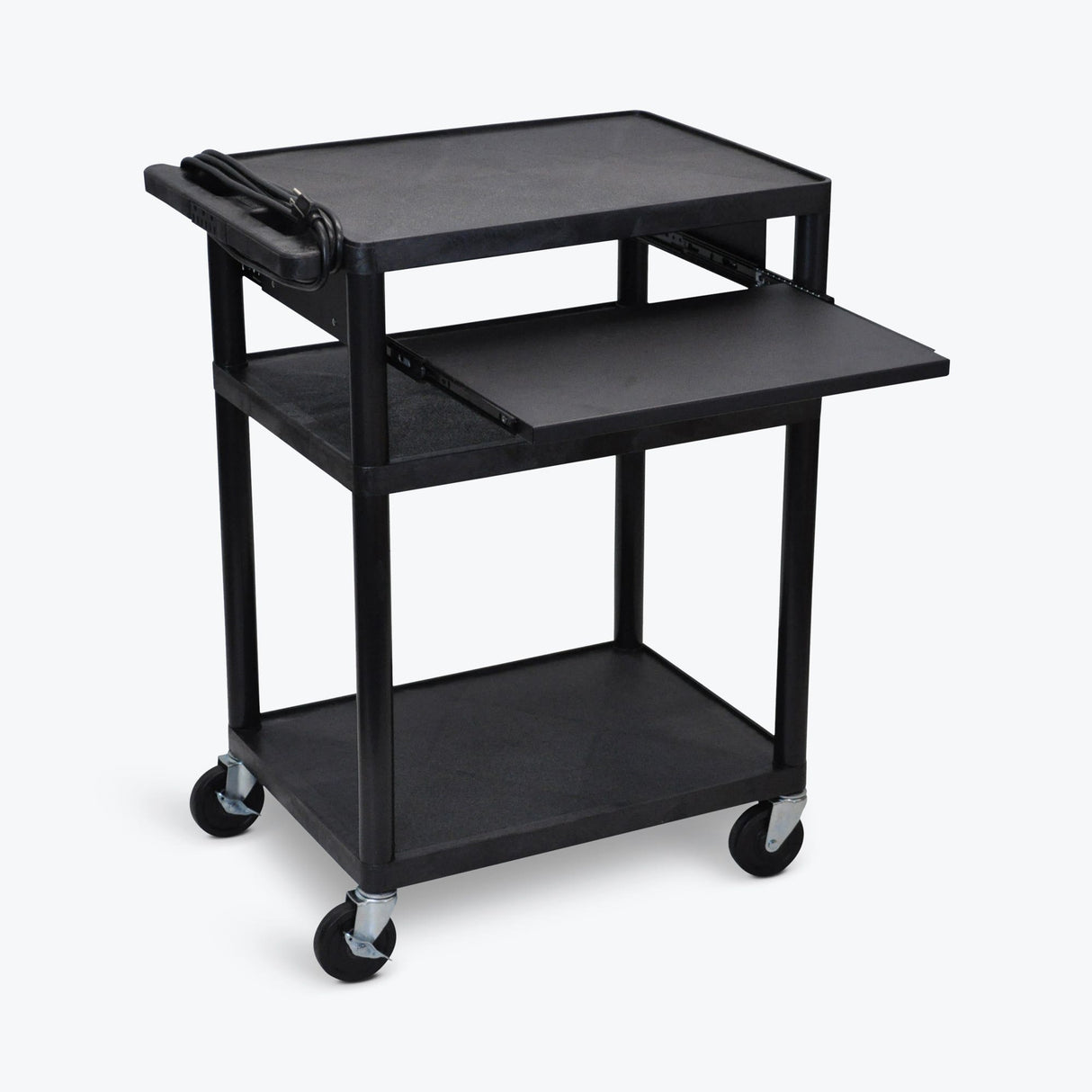 Luxor AV Cart 32in Molded Plastic 3 Shelves with Kefyboard Tray Casters with 3 Outlet Power Bar - Black