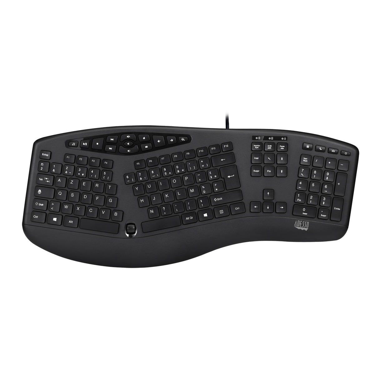 Adesso Keyboard Wired Tru-Form 160 Ergonomic Multimedia Large Print Integrated Palm Rest Scroll Wheel - Black