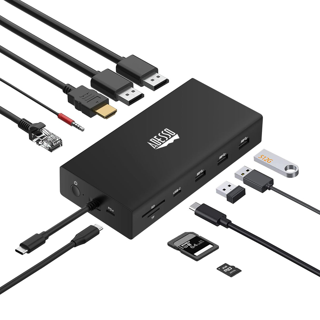 Adesso Docking Station 12-in-1 USB-C Multiport Supports Dual Displayport HDMI USB3.0 PDRJ45 TF SD Cards includes 100W Power Adaptor (TAA Compliant)