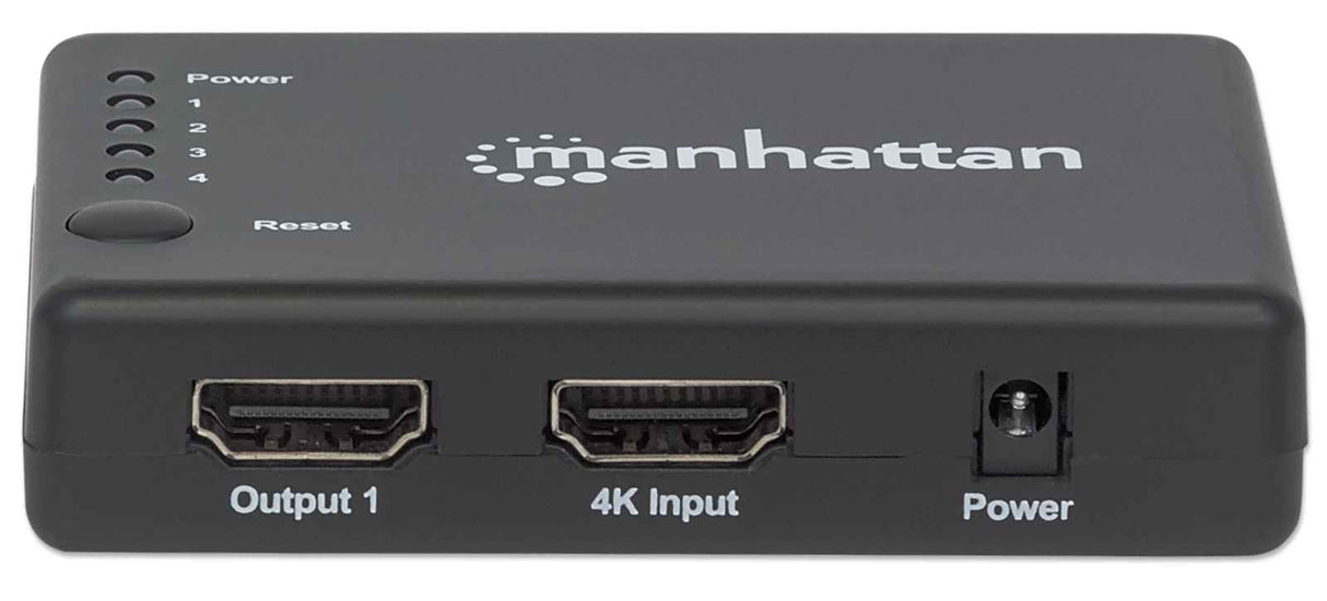 Manhattan HDMI Splitter 4-Port (Compact), 4K@30Hz, Displays output from x1 HDMI source to x4 HD displays (same output to four displays), AC Powered (cable 0.7m), Black, Three Year Warranty