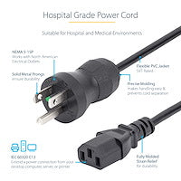 StarTech.com 6ft (2m) Hospital Grade Power Cord, 18AWG, NEMA 5-15P to C13, 10A 125V, Green Dot Medical Power Cable, PC Power Supply Power Cable, Printer / Monitor Power Cable - UL Listed