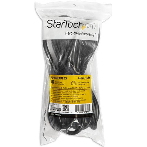 StarTech.com Power Cord - Right-Angle NEMA 5-15P to C13 - 15 ft.