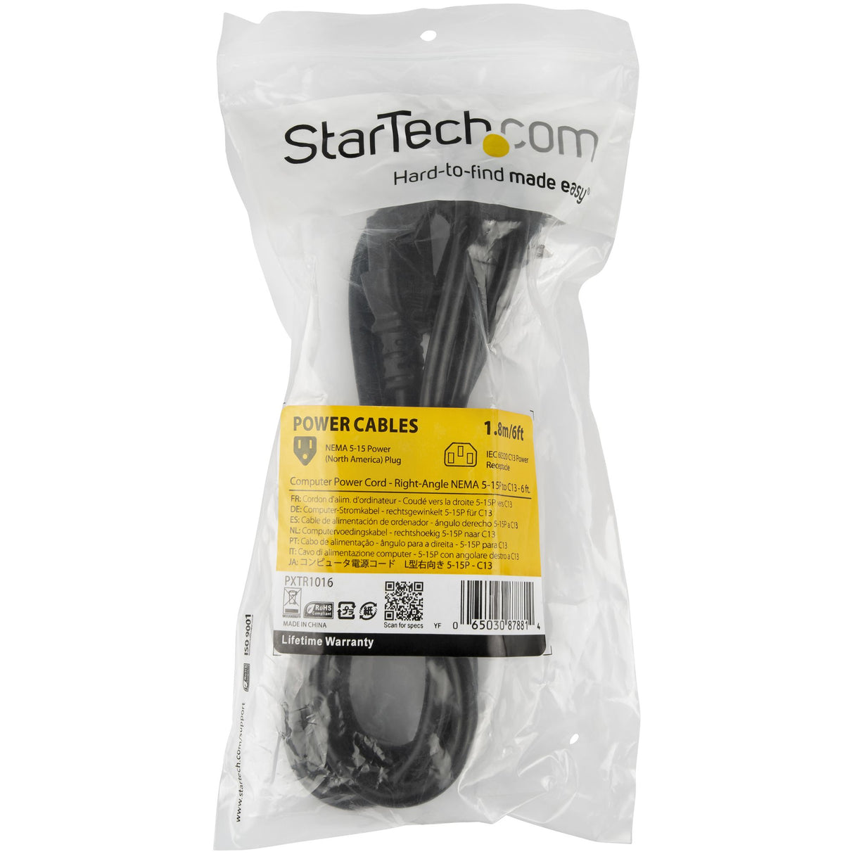 StarTech.com 6ft (2m) Computer Power Cord, Right Angle NEMA 5-15P to C13, 10A 125V, 18AWG, Black Replacement AC Power Cord, Printer Power Cord, PC Power Supply Cable, Monitor Power Cable - UL Listed