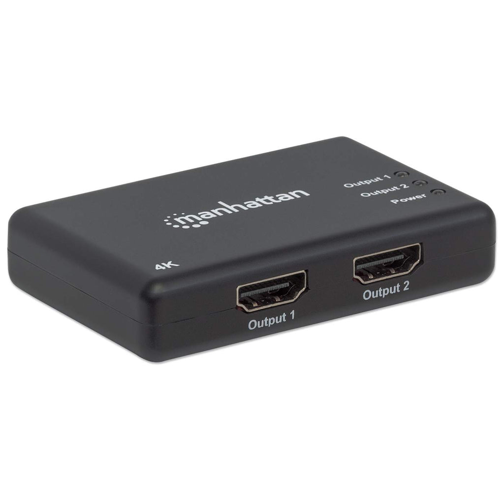 Manhattan HDMI Splitter 2-Port , 4K@30Hz, Displays output from x1 HDMI source to x2 HD displays (same output to both displays), AC Powered (cable 0.9m), Black, Three Year Warranty