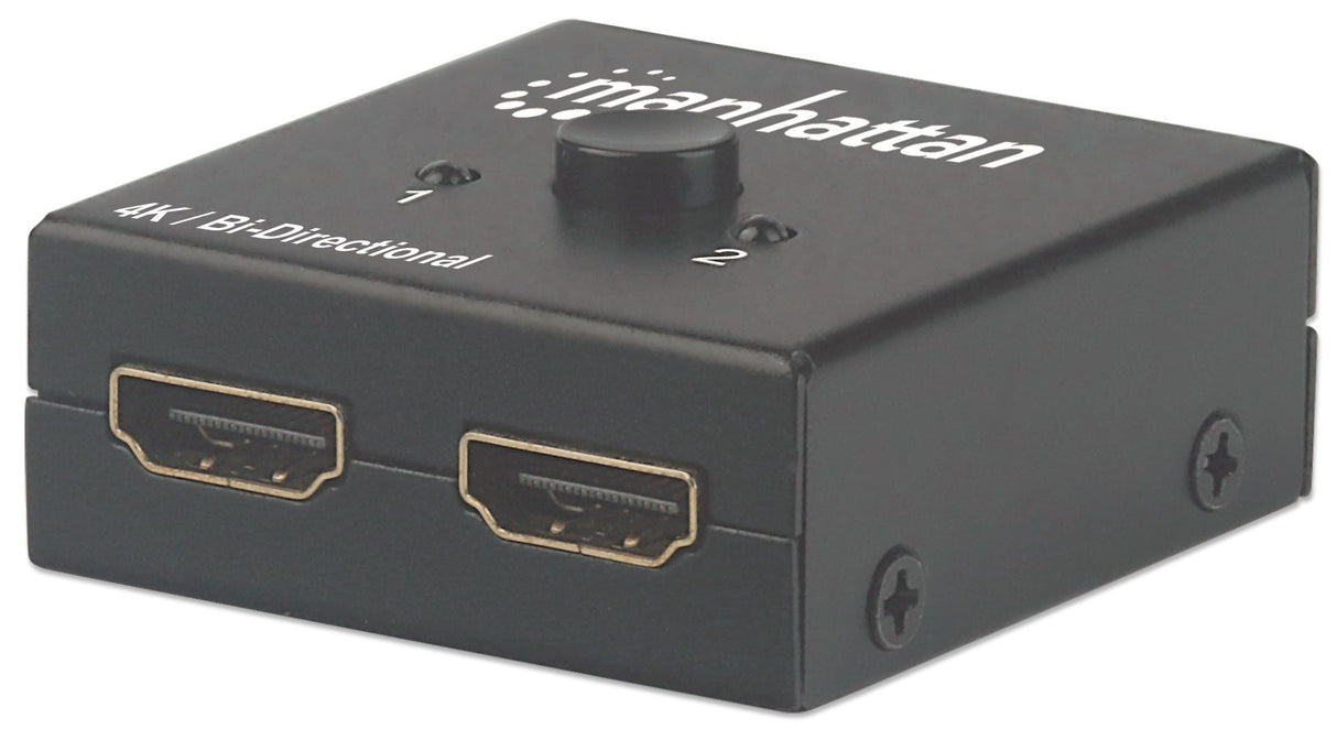 Manhattan HDMI Switch 2-Port, 4K@30Hz, Bi-Directional, Black, Displays output from x1 HDMI source to x2 HD displays (same output to both displays) or Connects x2 HDMI sources to x1 display, Manual Selection, No external power required, 3 Year...