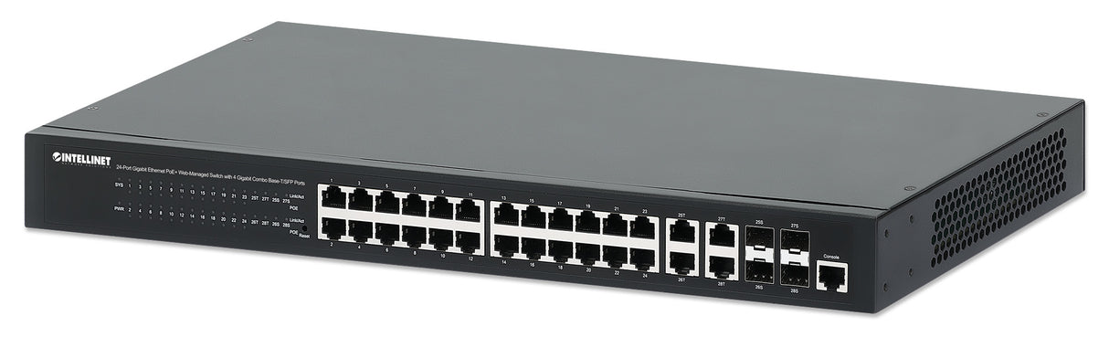 Intellinet 24-Port Gigabit Ethernet PoE+ Web-Managed Switch with 4 Gigabit Combo Base-T/SFP Ports, IEEE 802.3at/af Power over Ethernet (PoE+/PoE) Compliant, 370 W, Endspan, 19" Rackmount