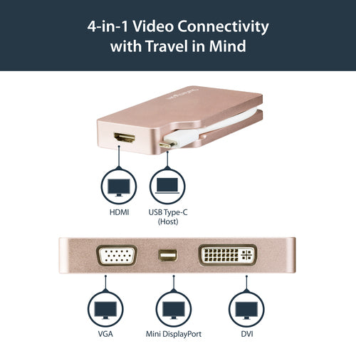 StarTech.com USB C Multiport Video Adapter with HDMI, VGA, Mini DisplayPort or DVI - USB Type C Monitor Adapter to HDMI 1.4 or mDP 1.2 (4K) - VGA or DVI (1080p) - Rose Gold Aluminum