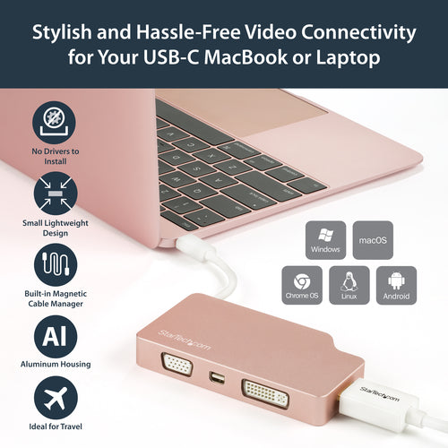 StarTech.com USB C Multiport Video Adapter with HDMI, VGA, Mini DisplayPort or DVI - USB Type C Monitor Adapter to HDMI 1.4 or mDP 1.2 (4K) - VGA or DVI (1080p) - Rose Gold Aluminum