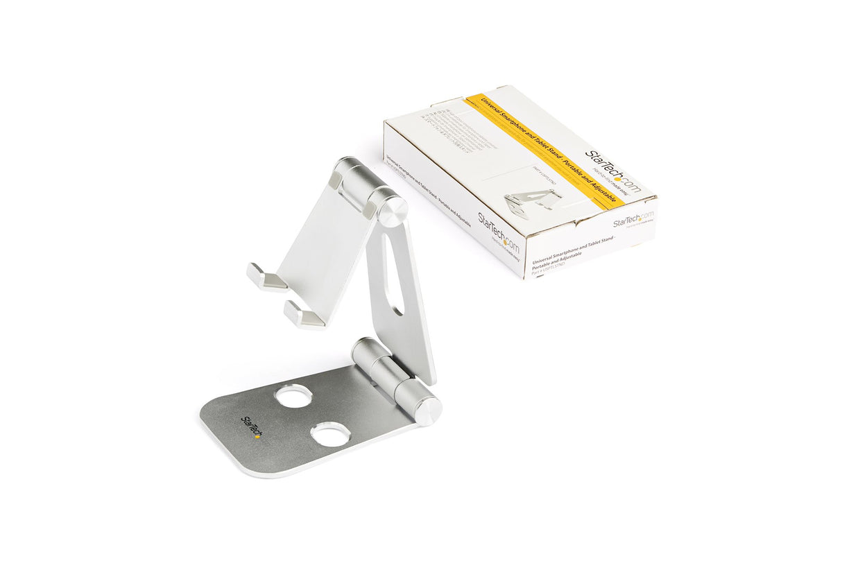 StarTech.com Phone and Tablet Stand - Foldable Universal Mobile Device Holder for Smartphones & Tablets - Adjustable Multi-Angle Ergonomic Cell Phone Stand for Desk - Portable - Silver