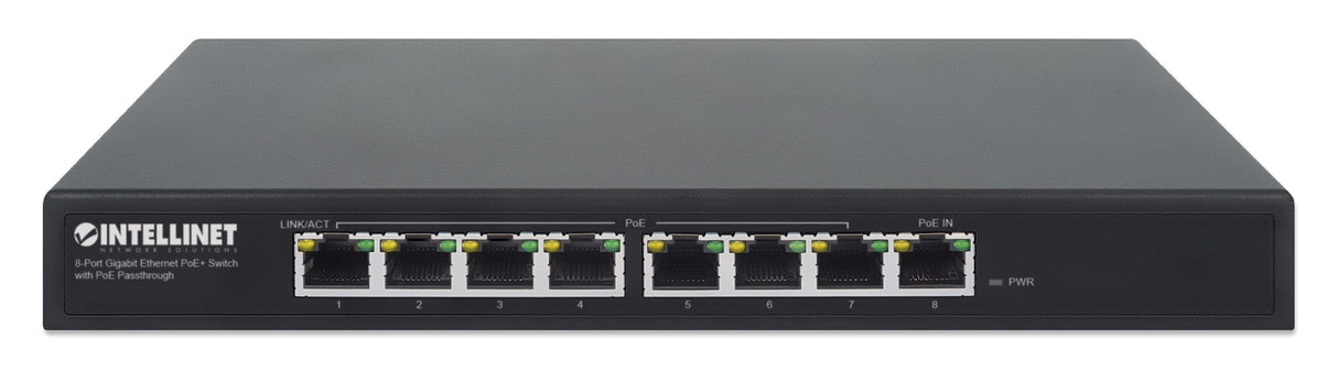 Intellinet 8-Port Gigabit Ethernet PoE+ Switch with PoE Passthrough, 1x Ultra PoE++ IEEE 802.3bt (4PPoE) PD PoE Port with 90 W Power Input, 7x PSE PoE Ports, PoE Power Budget up to 85W, IEEE 802.3at/af Compliant, Rackmount