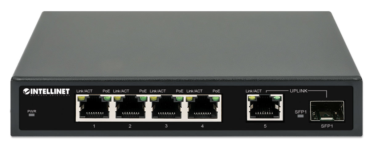 Intellinet 5-Port Gigabit Ethernet PoE+ Switch with SFP Port, Four PSE PoE Ports, IEEE 802.3at/af (PoE+/PoE) Compliant, PoE Power Budget of 91 W, Desktop Format, Wall-mount Option