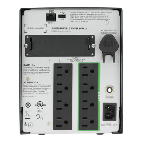 APC Smart-UPS, Line Interactive, 700VA, Tower, 120V, 8x NEMA 5-15R outlets, SmartSlot, Auto Sense Voltage 120V/230V, AVR, LCD
